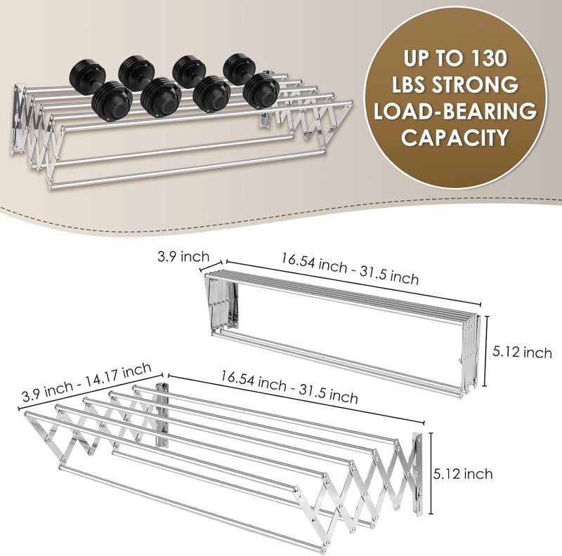 CAEXABO XL-31.5" Wall Mounted Clothes Drying Rack, 130 LBS Large Capacity Rustproof Retractable Clothes Rack, Collapsible Drying Rack Easy to Install with 7 Drying Rods, Space Saving for Laundry-White - Image 2